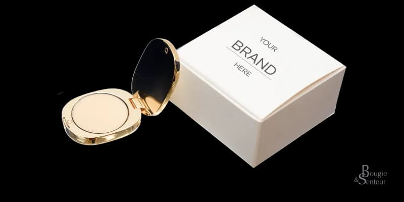 Solid perfume compact next to its “YOUR BRAND HERE” box
